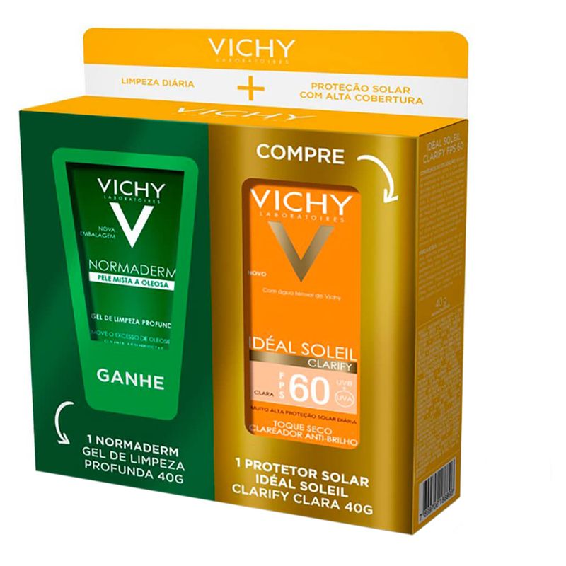 Kit-Vichy-Protetor-Solar-Ideal-Soleil-Clarify-cor-Media-FPS60-40g-e-Gel-para-Limpeza-Normaderm-Pele-Mista-a-Oleosa-40g