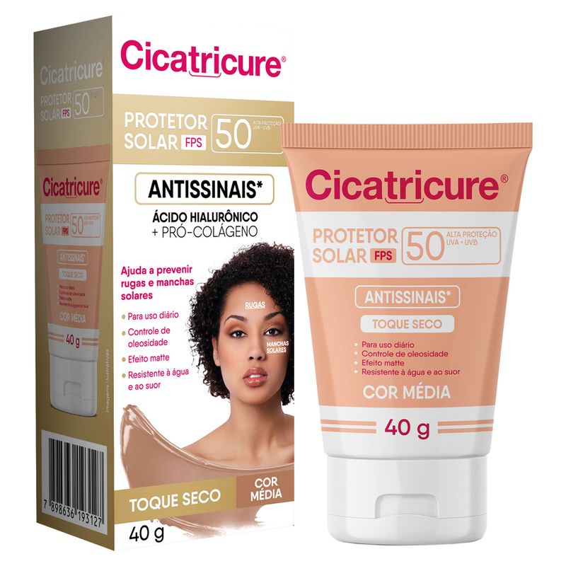 Protetor-Solar-Facial-Cicatricure-Antissinais-Toque-Seco-Cor-Media-FPS50-40g