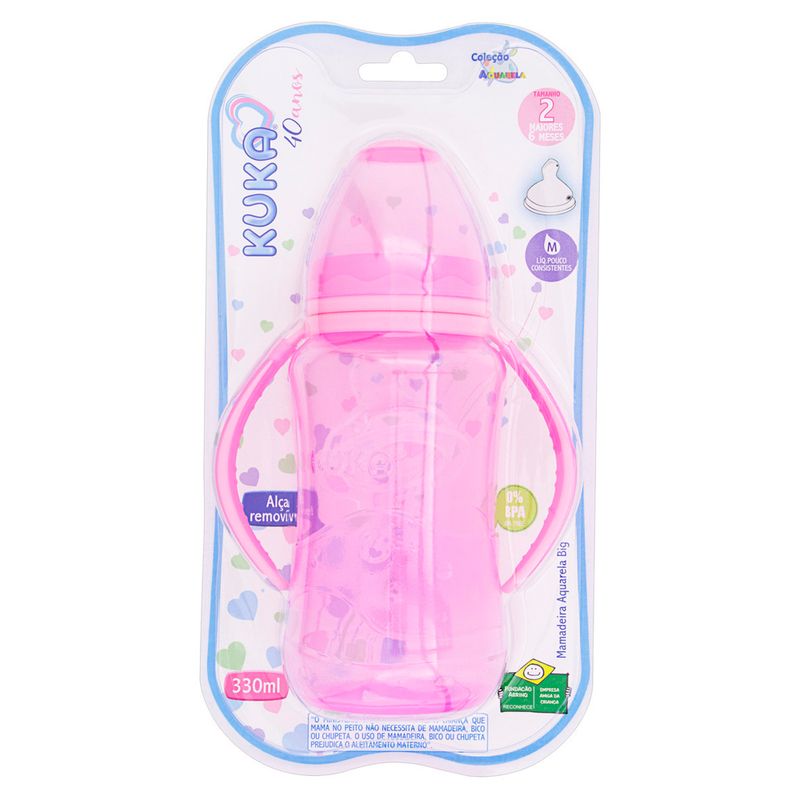 Mamadeira-Kuka-Aquarela-Big-Rosa-Bico-Ortodontico-e-Alca-330ml
