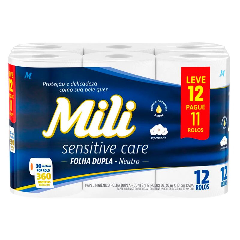 Papel-Higienico-Mili-Sensitive-Care-Folha-Dupla-Neutro-30M-Leve-12-Pague-11-Rolos
