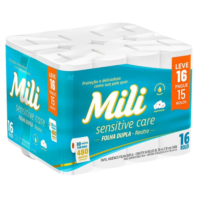 Papel-Higienico-Mili-Sensitive-Care-Folha-Dupla-Neutro-30M-Leve-16-Pague-15-Rolos