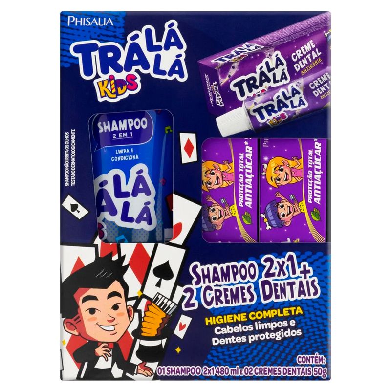 Kit-Infantil-Tra-La-La-Kids-Menino-Shampoo-2-em-1-480ml-e-2-Cremes-Dentais-Protecao-Total-Antiacucar-50g